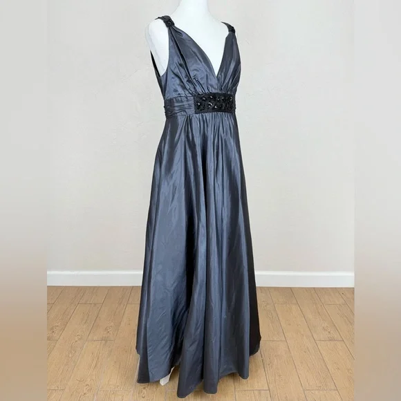 Rickie Freeman Teri John Silk Bead Embellished Silvery Blue Sleeveless Gown 12 - Picture 2 of 12